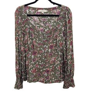 LOFT Womens Large Green Paisley Floral Button Front Smocked Cuff Blouse Top L‎